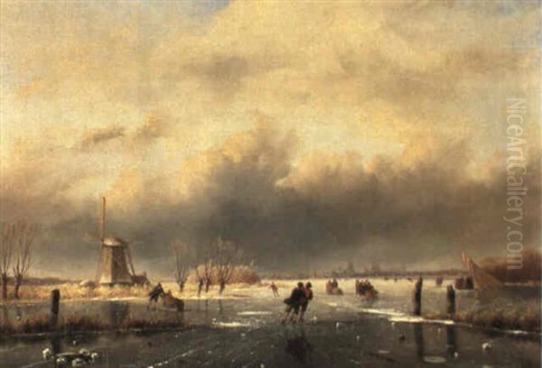 Skaters On A Frozen River, Dordrecht In The Background Oil Painting by Nicolaas Johannes Roosenboom