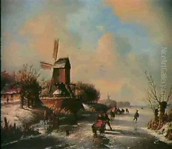 Figures In A Winter Landscape Oil Painting by Nicolaas Johannes Roosenboom