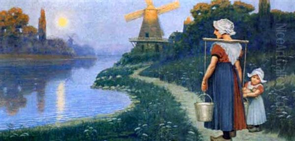 Milkmaid And Young Girl On A Dutch Canal Oil Painting by Robert Marshall Root