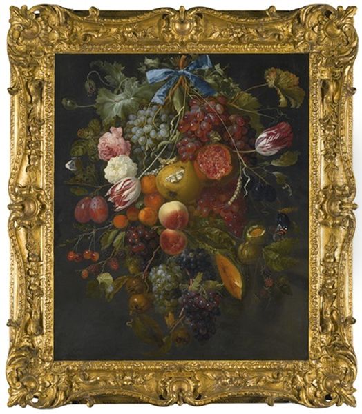 Festoon Of Fruit And Flowers, With Butterflies And Other Insects Oil Painting by Jakobus Rootius