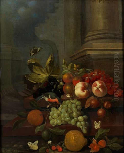 Fruchtestillleben Mit Vogeln Und Schmetterlingen Oil Painting by Jakobus Rootius