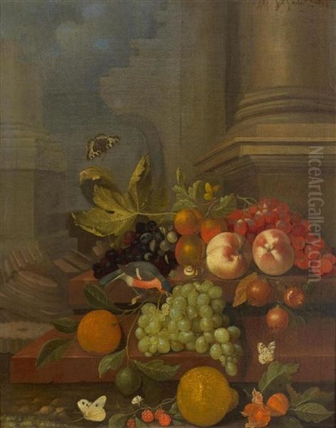 Fruchtestillleben Mit Trauben, Pfirsichen, Einer Orange, Einer Zitrone, Einem Vogel Und Schmetterlingen Oil Painting by Jakobus Rootius