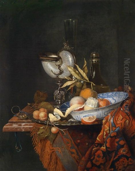 Prunkstillleben Mit Einer Silberplatte Mit Aprikosen, Einer Delfter Schale Mit Zitrusfruchten, Einem Nautiluspokal, Einem Stangenglas, Einer Montierten Glasflasche Und Einer Uhr Oil Painting by Jakobus Rootius