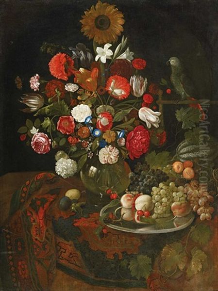 Stillleben Mit Blumen, Fruchten Und Papagei Oil Painting by Jakobus Rootius