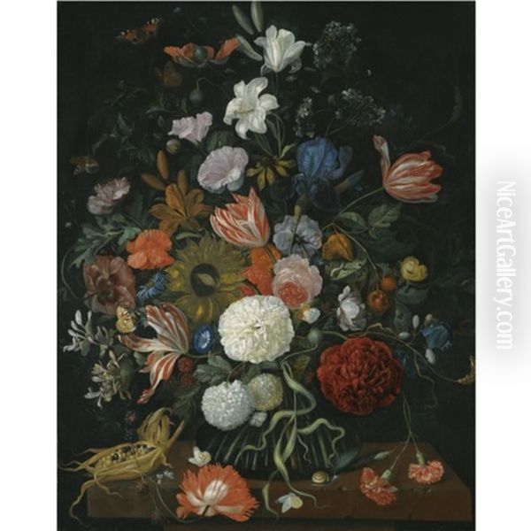 Still Life Of Flowers In A Vase On A Stone Ledge With A Corn Cob And A Snail Oil Painting by Jakobus Rootius