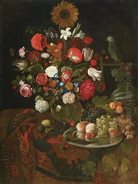 Stillleben Mit Blumen, Fruchten Und Papagei Oil Painting by Jakobus Rootius