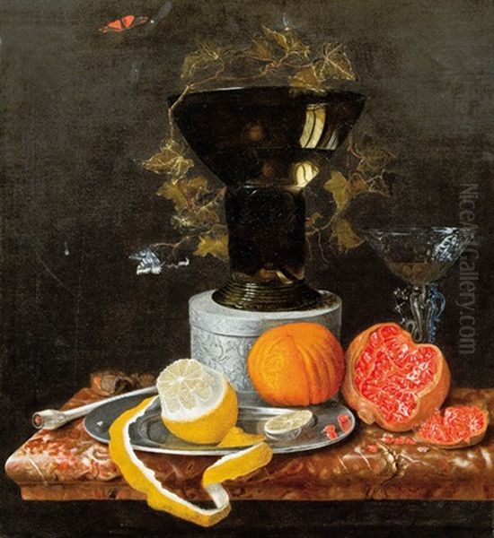 Stillleben Mit Granatapfel, Orange, Geschalter Zitrone, Einer Silbernen Dose, Einem Gefullten Romer, Einem Venezianischen Glas Und Schmetterlingen Oil Painting by Jakobus Rootius