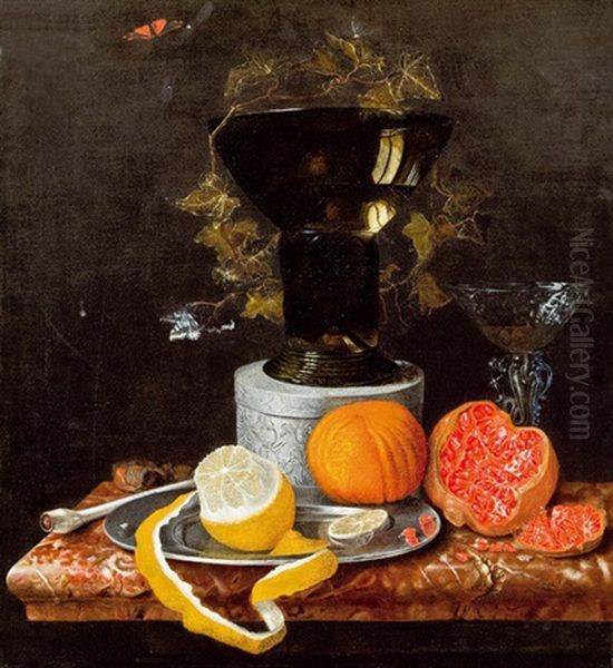 Stillleben Mit Granatapfel, Orange, Geschalter Zitrone Oil Painting by Jakobus Rootius