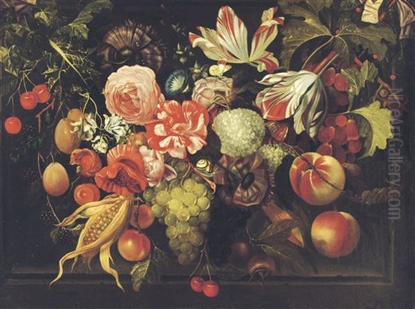 A Garland Of Grapes, Corn And Flowers In A Niche Oil Painting by Jakobus Rootius