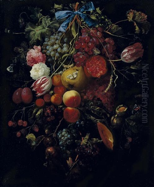 A Hanging Bouquet Of Fruit And Flowers Oil Painting by Jakobus Rootius