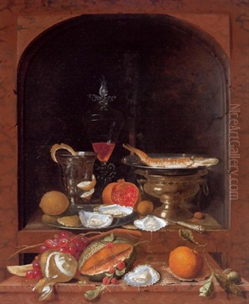 Stillleben Mit Zitrone, Orange, Melone, Austern Auf Einem Zinnteller, Silberbecher, Silberner Tazza Mit Gerauchertem Hering Und Einem Gefullten Venezianischen Weinglas In Einer Nische Oil Painting by Jakobus Rootius