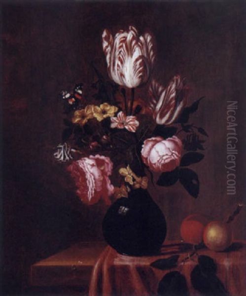 Vase De Fleurs Sur Un Entablement Oil Painting by Jakobus Rootius