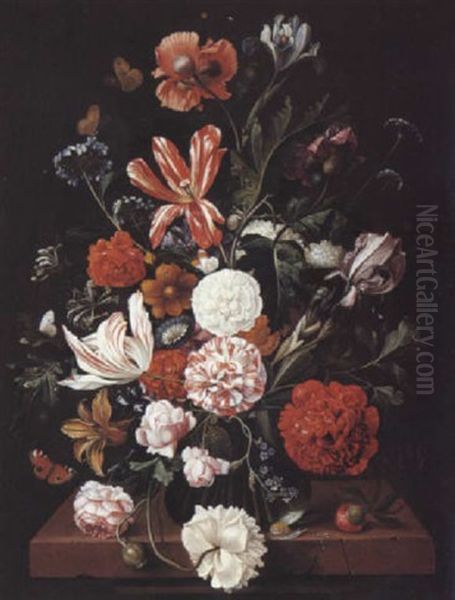 Vase De Fleurs Sur Un Entablement Oil Painting by Jakobus Rootius