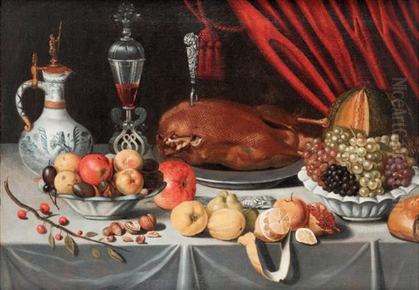 Nature Morte Au Canard Roti, Coupes De Fruits Et Verre Facon De Venise Oil Painting by Jan Albert Rootius