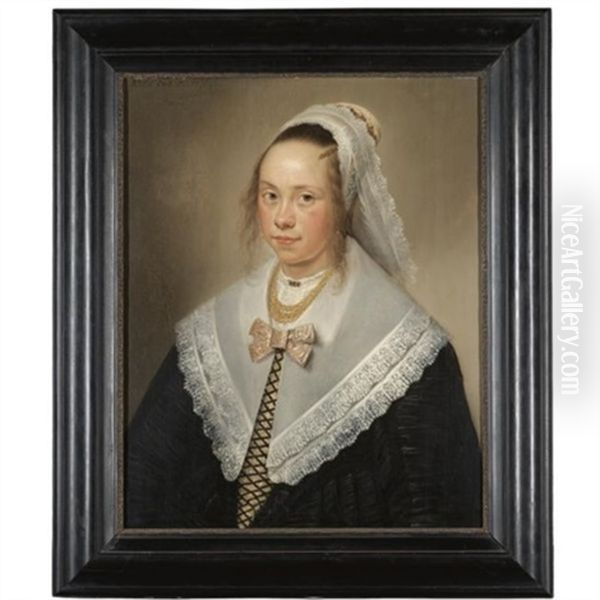 Portrait Of A Young Lady, Said To Be Elisabeth Wybo, At The Age Of 17, Wearing A Gold Necklace And A White Headdress Oil Painting by Jan Albert Rootius