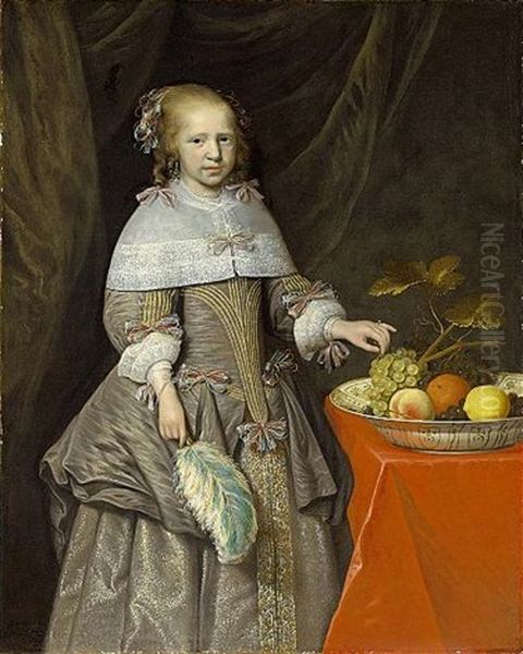 A Portrait Of An Eight-year Old Girl, Wearing A Silver-grey Silk Dress With Coloured Ribbons, White Lace Cuffs And Collar, Pearl Earrings And Necklace, Beside A Table Oil Painting by Jan Albert Rootius