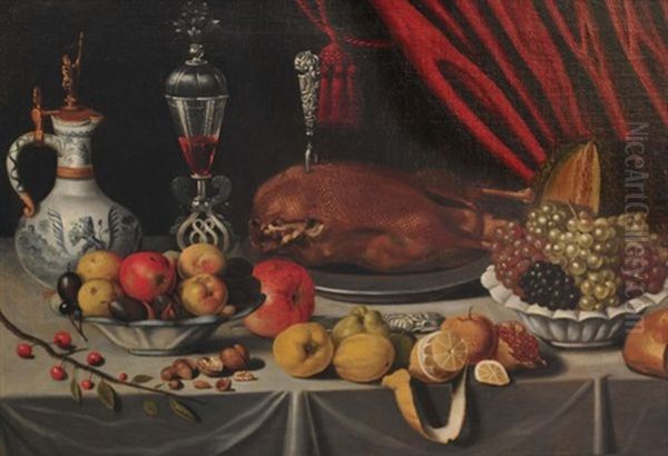 Nature Morte Aux Fruits, A La Volaille Et Aux Objets Divers Poses Sur Un Entablement Oil Painting by Jan Albertsz Rootius