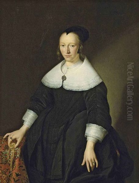 Portrait Of A Lady In A Black Dress With Lace-edged Collar And Cuffs, A Black Cap, A Jeweled Pendant Brooch, Holding A Time-piece In Her Right Hand, By... Oil Painting by Jan Albertsz Rootius