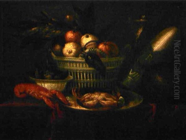 Nature Morte Au Panier De Fruits, Crustaces Et Melone Sur Une Table Oil Painting by Jan Albertsz Rootius