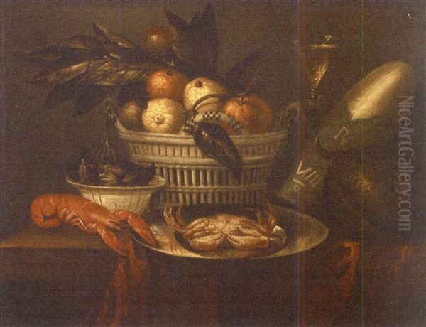 Nature Morte Au Panier De Fruits, Crustaces Et Melon Sur Une Table Oil Painting by Jan Albertsz Rootius