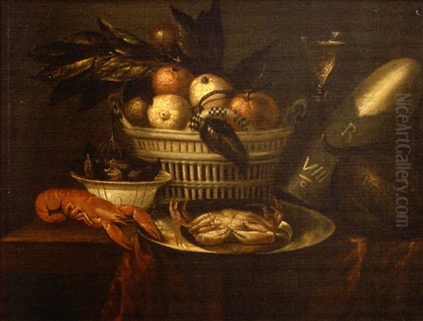 Nature Mort Au Panier De Fruits, Crustaces Et Melon Sur Une Table Oil Painting by Jan Albertsz Rootius