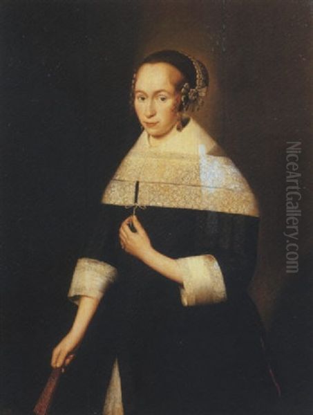 Portrait Of A Young Lady In A Black Dress With A White Lace Collar, A Lace Headress And Drop Earrings, Holding A Fan Oil Painting by Jan Albertsz Rootius