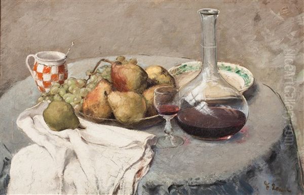 Still Life With Fruit And Carafe Of Wine Oil Painting by Frantisek Ropek