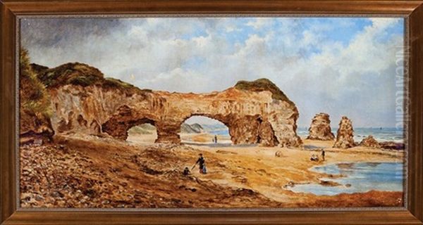 Sea Arch (possibly Durdle Door, Dorset) With Holiday Visitors Oil Painting by Edward Roper