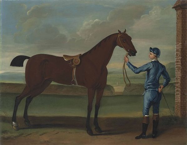 A Jockey In Blue Racing Silks And A Chestnut Racehorse In A Landscape Oil Painting by Richard Roper