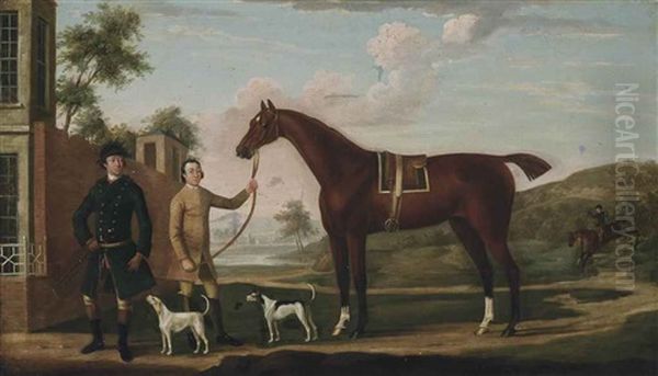 A Huntsman With His Chestnut Hunter, Held By A Groom, With Two Hounds, An Extensive Landscape Beyond Oil Painting by Richard Roper