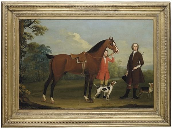 Portrait Of A Gentleman, Presumably William Fitzherbert, 1st Bt., With A Bay Hunter Held By A Groom And Two Hounds, In A Landscape Oil Painting by Richard Roper