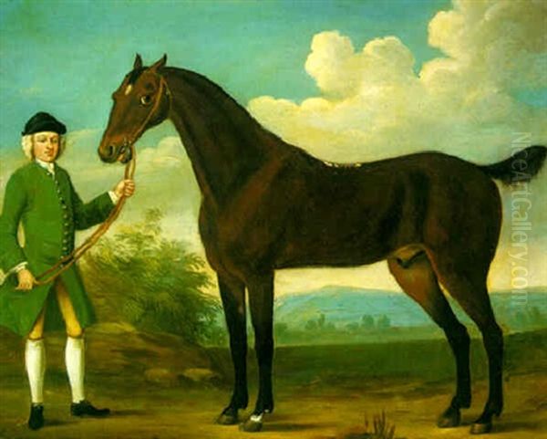 A Bay Racehorse Held By A Groom In Landscape Oil Painting by Richard Roper