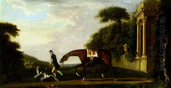 A Chesnut Hunter Being Led By Groom With Two Hounds Oil Painting by Richard Roper