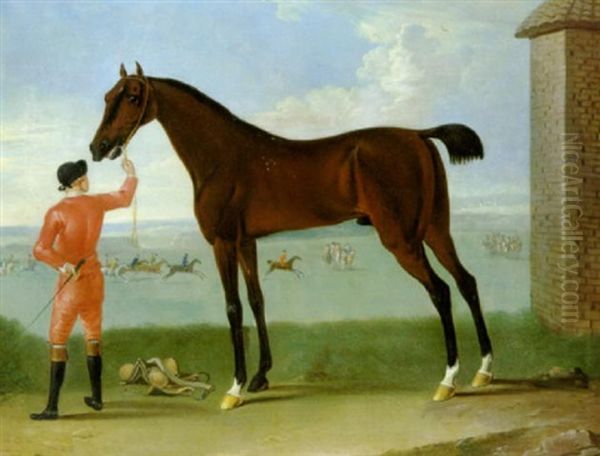 A Bay Racehorse Held By A Jockey Wearing Pink Colours On Newmarket Heath, The Same Horse Winning A Race In The Distance Oil Painting by Richard Roper