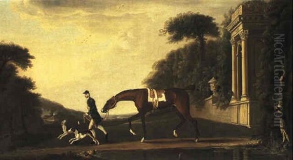 A Chestnut Hunter Being Led By A Groom With Two Hounds Outside A Country Estate Oil Painting by Richard Roper