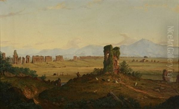 The Roman Campagna  (+ View Of The Temples Of Paestum; Pair) Oil Painting by Joseph Ropes