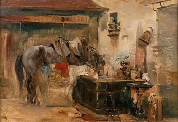 Cheval Et Ane A L'abreuvoir Oil Painting by Camille Joseph Etienne Roqueplan