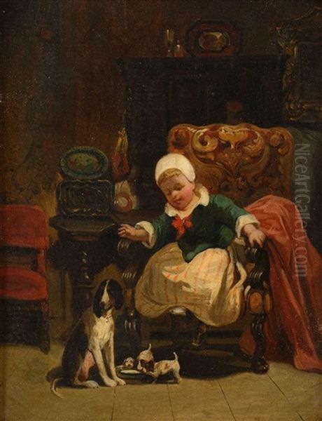 Enfant Jouant Avec Les Chiots Oil Painting by Camille Joseph Etienne Roqueplan