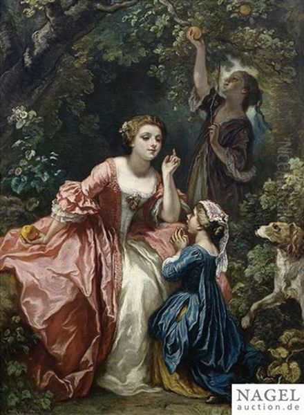 An Elegant Lady With Her Children In A Park Oil Painting by Camille Joseph Etienne Roqueplan