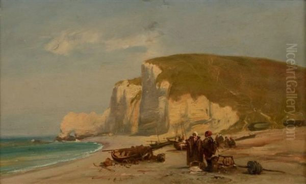 Pecheurs Sur La Plage D'etretat Oil Painting by Camille Joseph Etienne Roqueplan