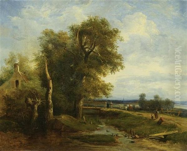 Weite Franzosische Landschaft Mit Figuren Und Tieren Im Vordergrund Oil Painting by Camille Joseph Etienne Roqueplan