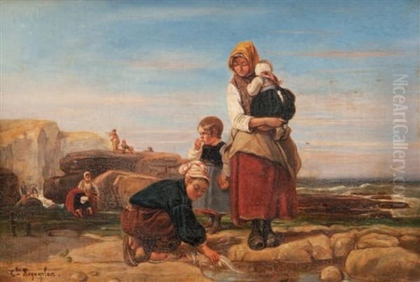 Pecheurs A Maree Basse Oil Painting by Camille Joseph Etienne Roqueplan