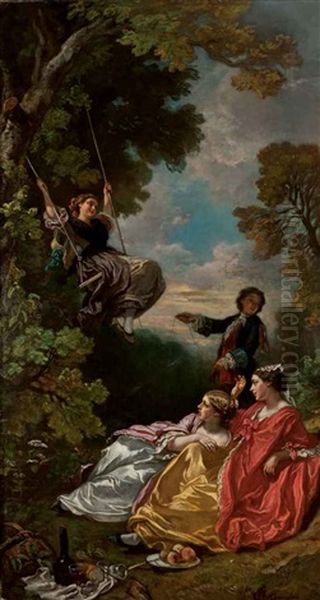 La Balancoire Oil Painting by Camille Joseph Etienne Roqueplan