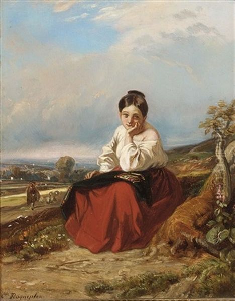 A Seated Young Girl In A Landscape Oil Painting by Camille Joseph Etienne Roqueplan