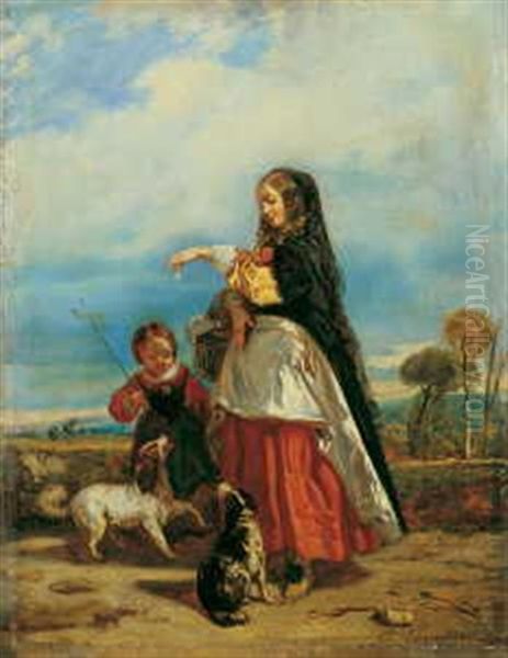 Eine Junge Frau Mit Einem Kind Und Zwei Hunden Oil Painting by Camille Joseph Etienne Roqueplan