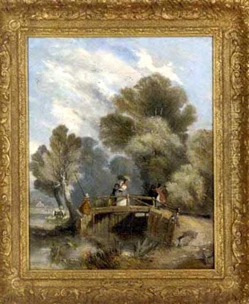 Figures On A Bridge In A Wooded Landscape Oil Painting by Camille Joseph Etienne Roqueplan