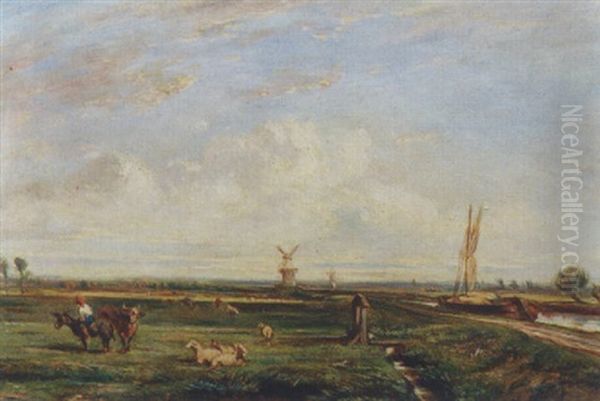 Kanallandschaft Mit Weidendem Vieh Und Windmuhle Oil Painting by Camille Joseph Etienne Roqueplan