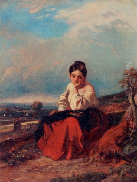 Girl Sitting In A Landscape Oil Painting by Camille Joseph Etienne Roqueplan