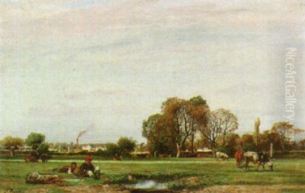 Landscape With Cattle And Two Figures Resting By A Pond, A Town Beyond Oil Painting by Camille Joseph Etienne Roqueplan