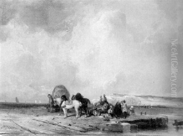 Fischer Mit Pferdewagen An Der Normannischen Kuste Oil Painting by Camille Joseph Etienne Roqueplan